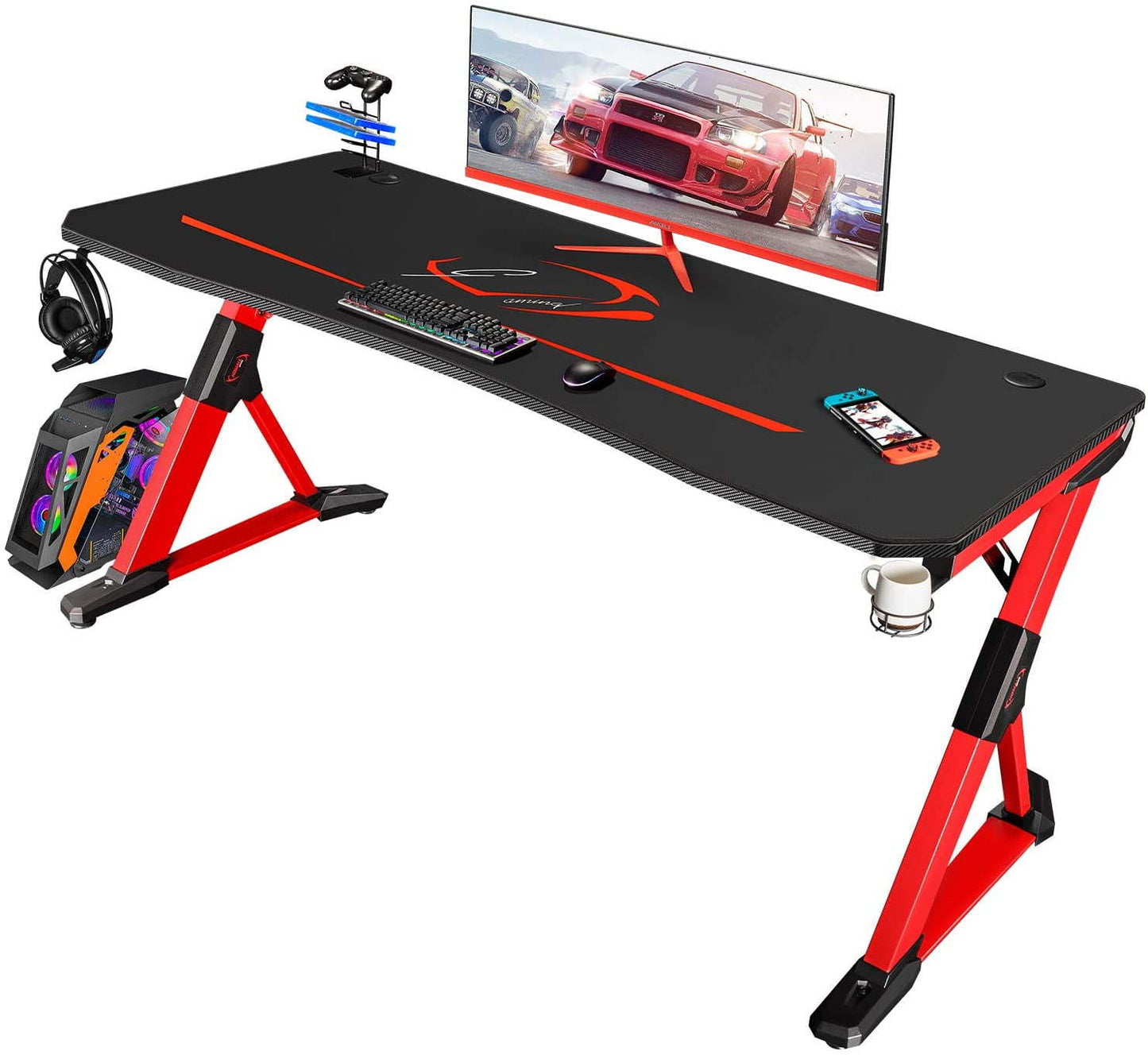 63 inch Gaming Desk Z Shaped Computer Desk Home Office Desk PC Gaming Table with Handle Rack Cup Holder Headphone Hook, Red - EMart-Express